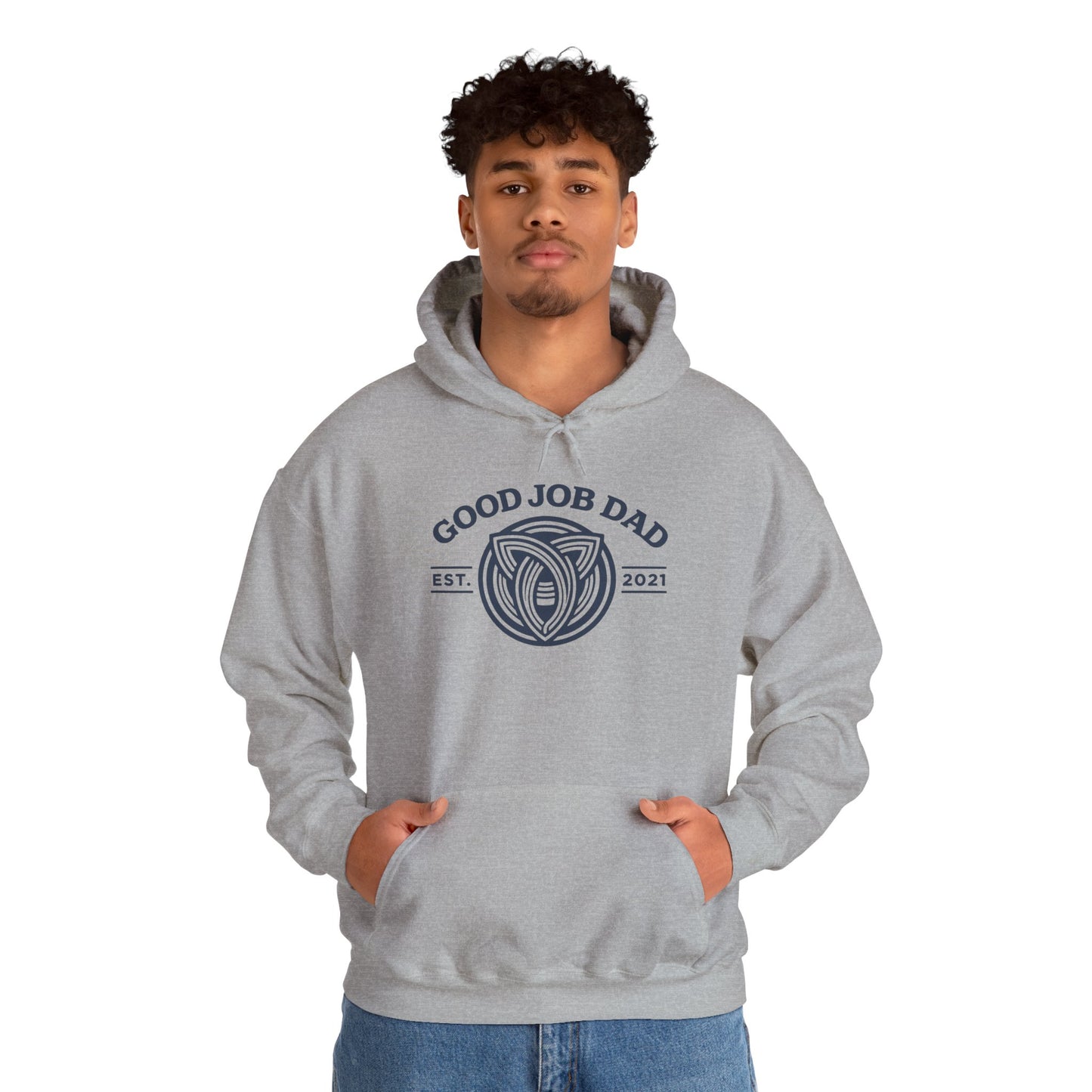 Good Job Dad Signature Hoodie — Blue Retro Crest (Est. 2021)