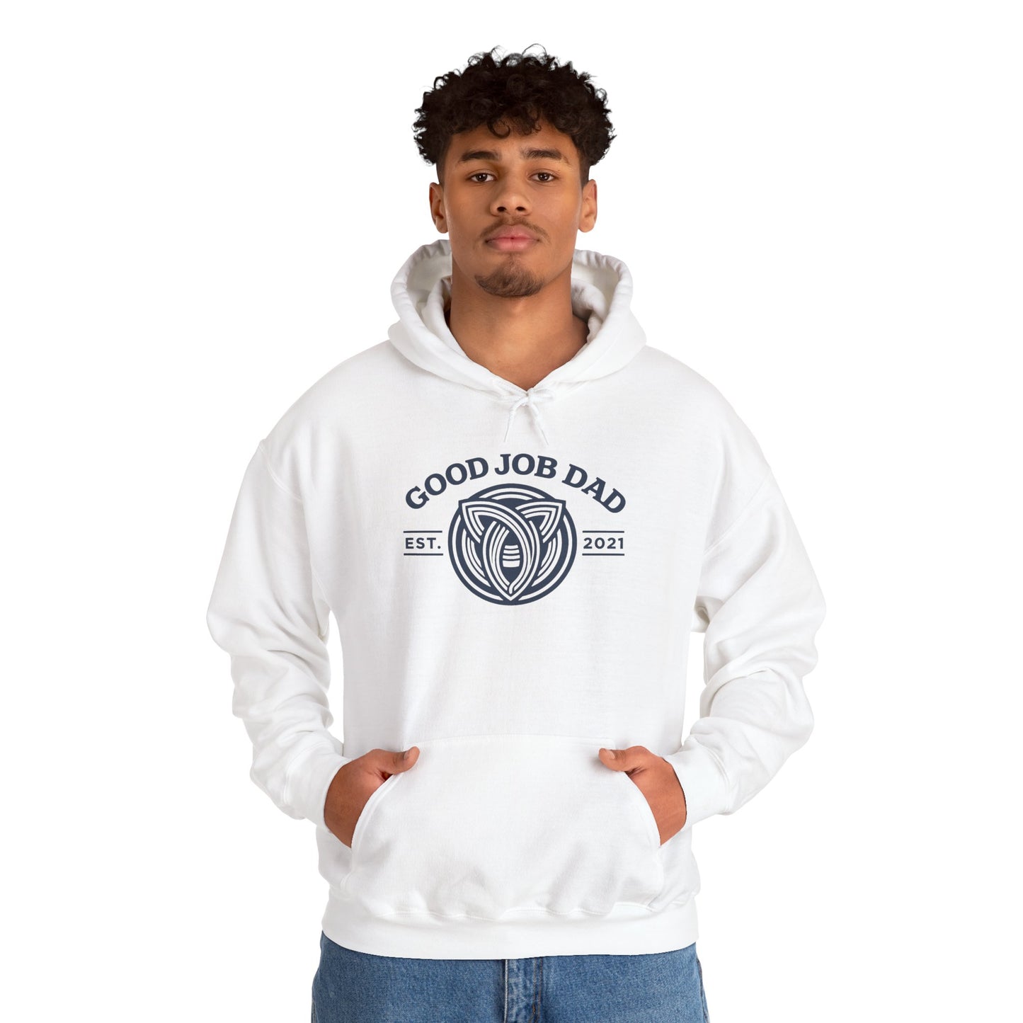 Good Job Dad Signature Hoodie — Blue Retro Crest (Est. 2021)