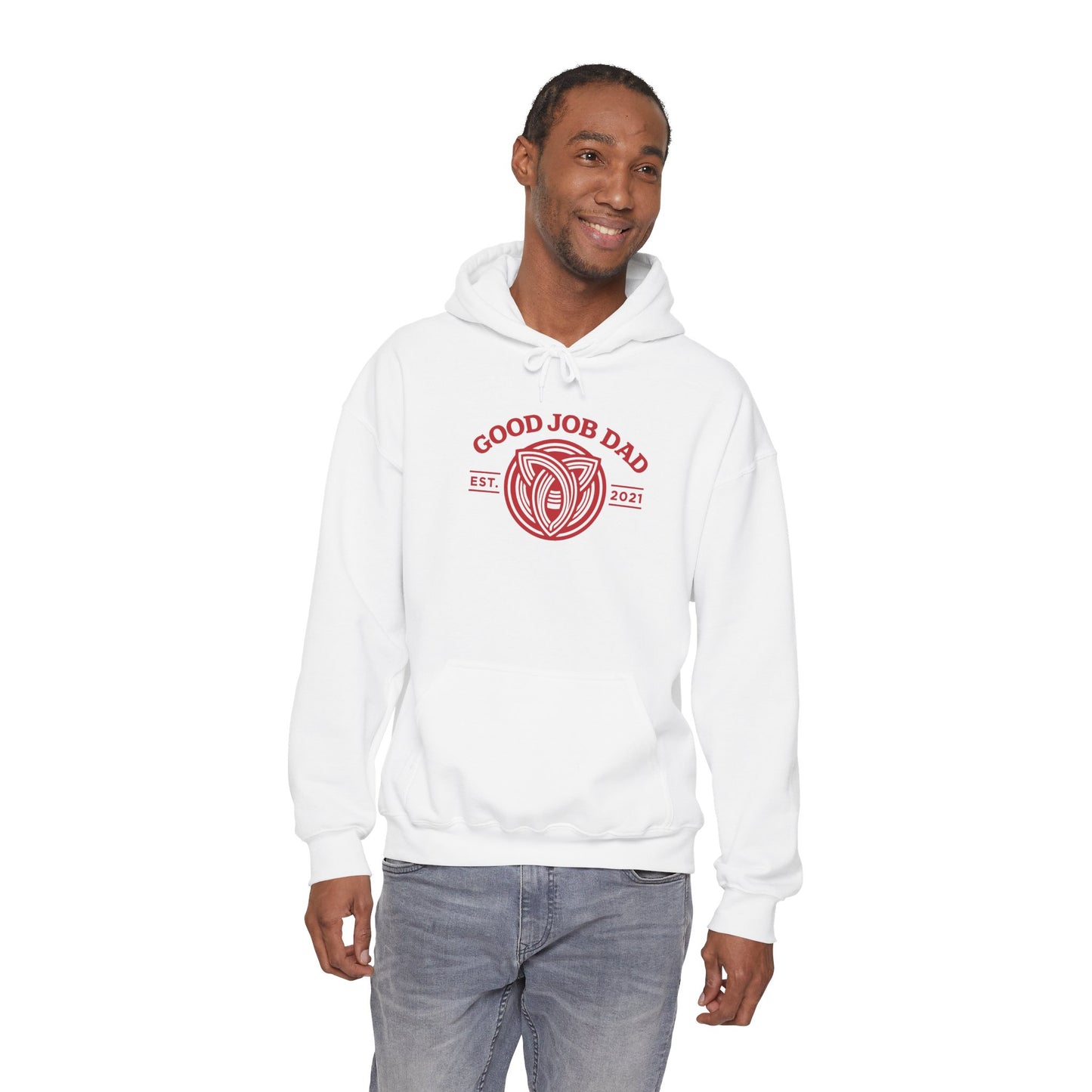 Good Job Dad Signature Hoodie — Red Retro Crest (Est. 2021)