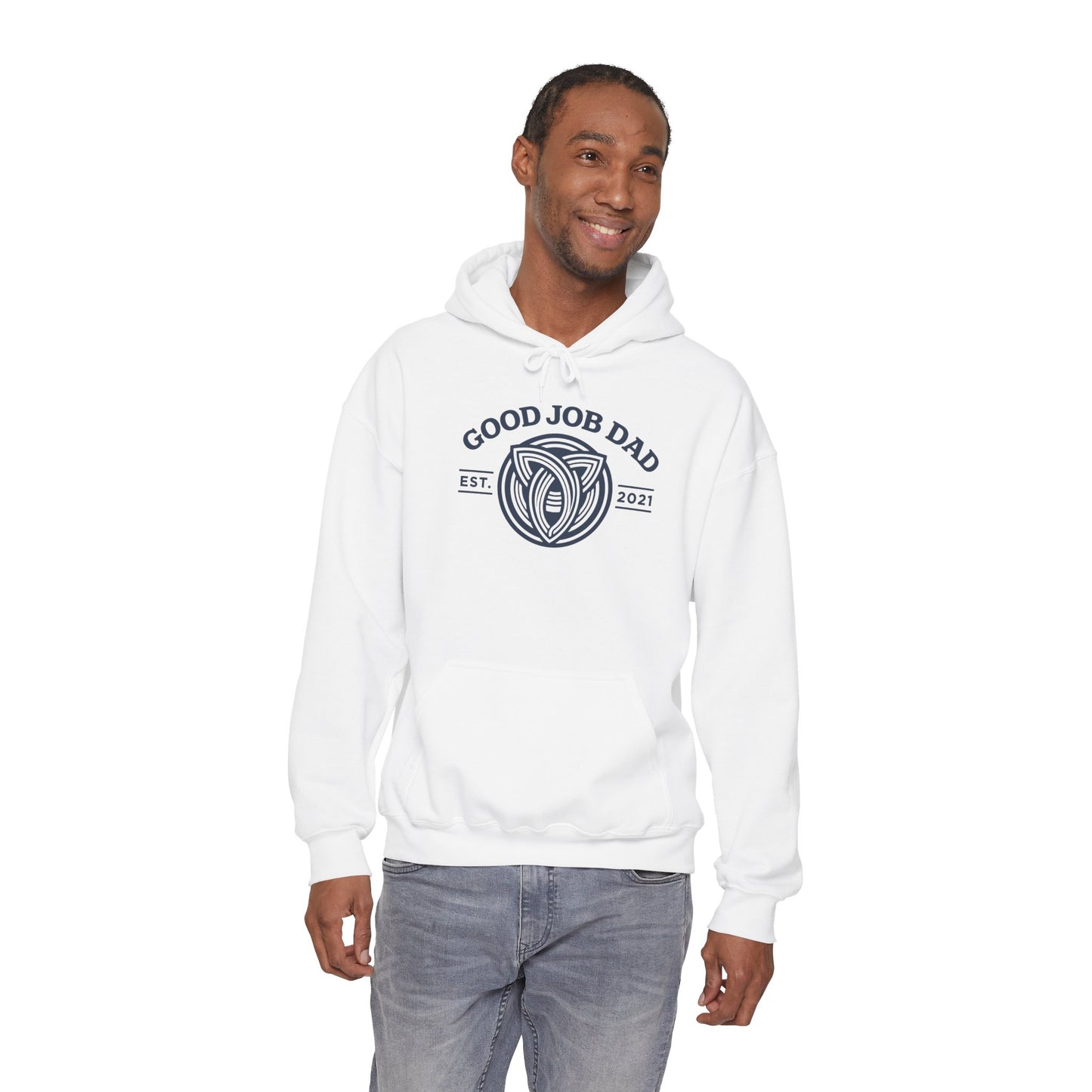 Good Job Dad Signature Hoodie — Blue Retro Crest (Est. 2021)