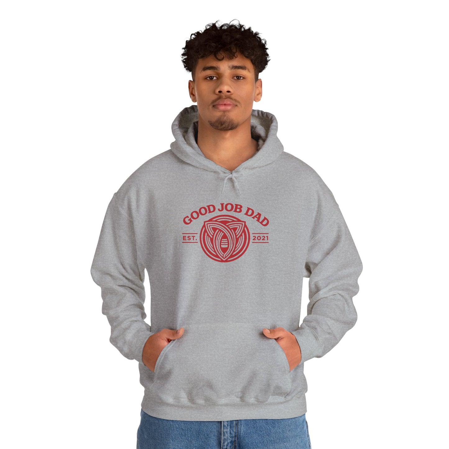 Good Job Dad Signature Hoodie — Red Retro Crest (Est. 2021)