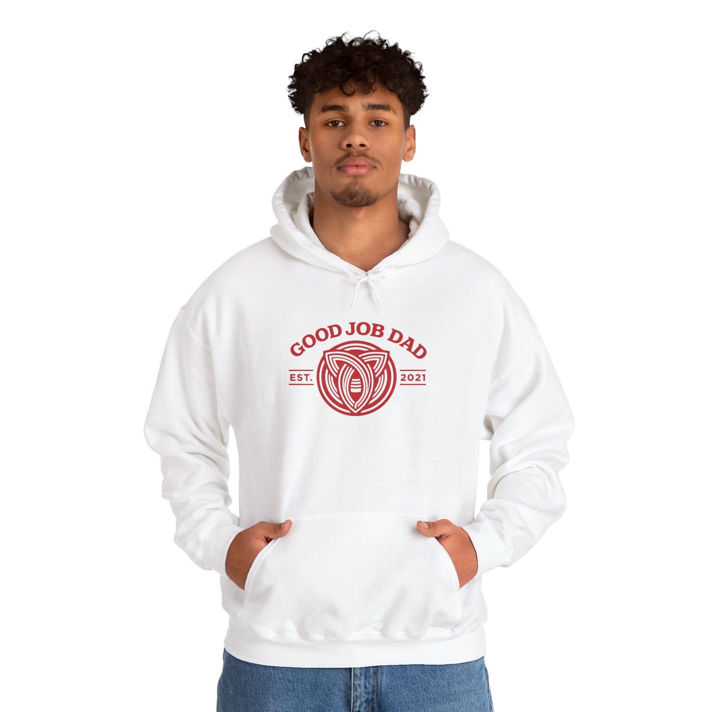 Good Job Dad Signature Hoodie — Red Retro Crest (Est. 2021)