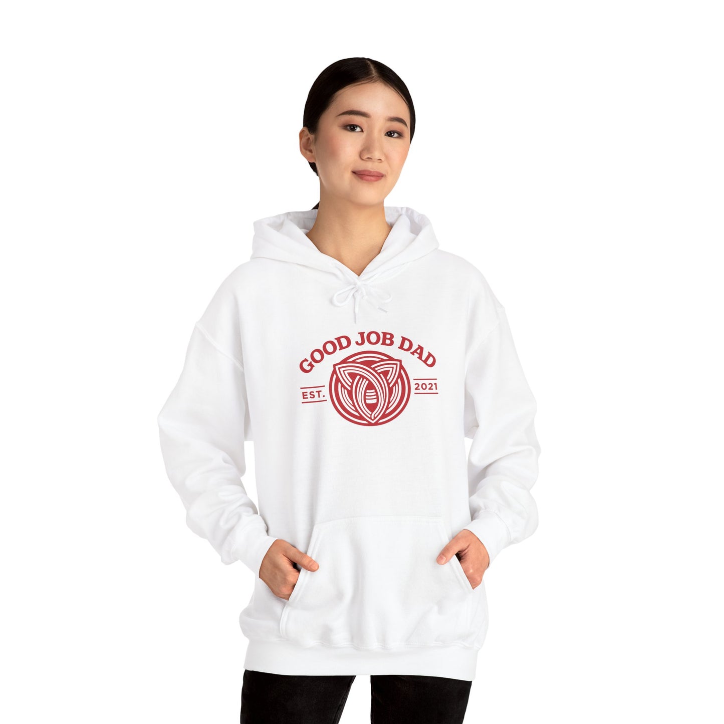 Good Job Dad Signature Hoodie — Red Retro Crest (Est. 2021)